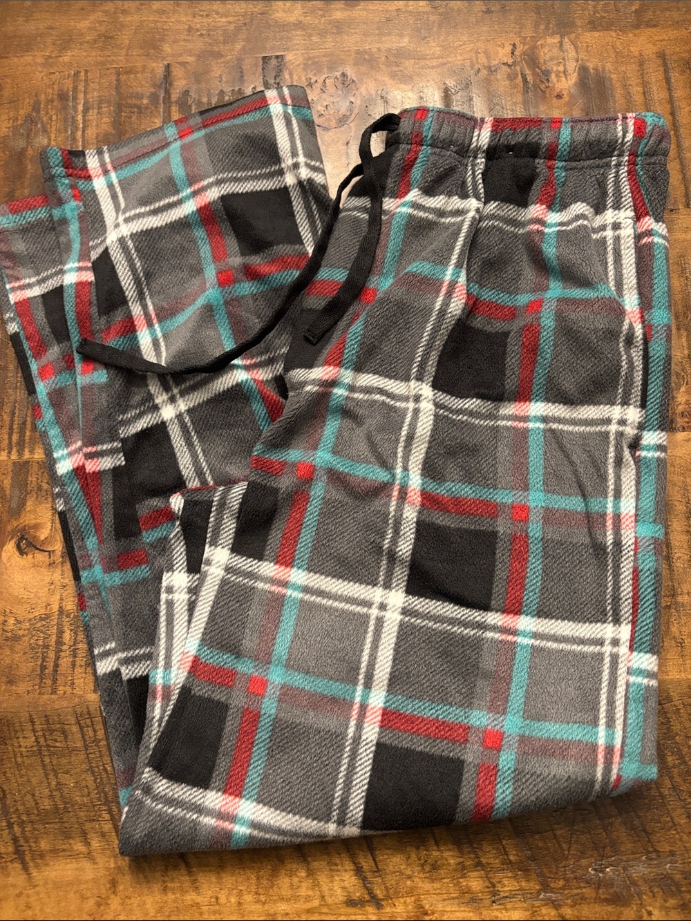 NWOT Stafford Gray Plaid Fleece Pajama pants with Red & Teal Accents